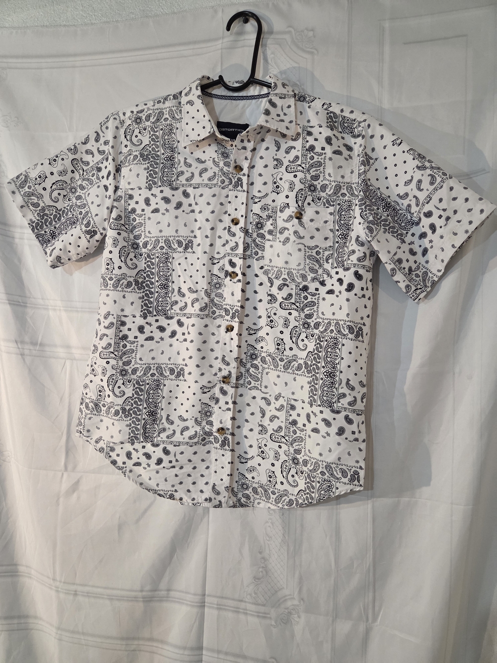 Boys White Short-Sleeve Button-Down Shirt with Black Bandana Print